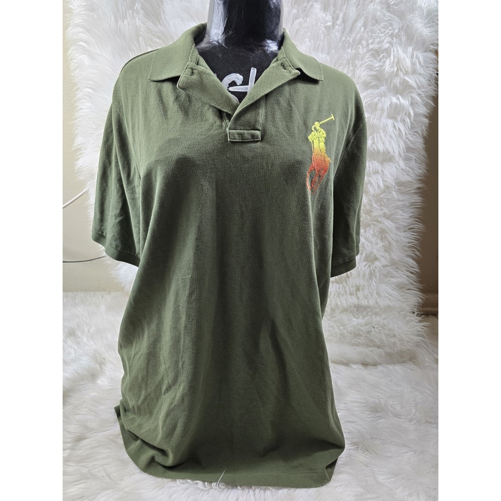 Rare Large POLO RALPH LAUREN Custom Slim Fit Big Pony Mesh Polo Shirt Green Mens